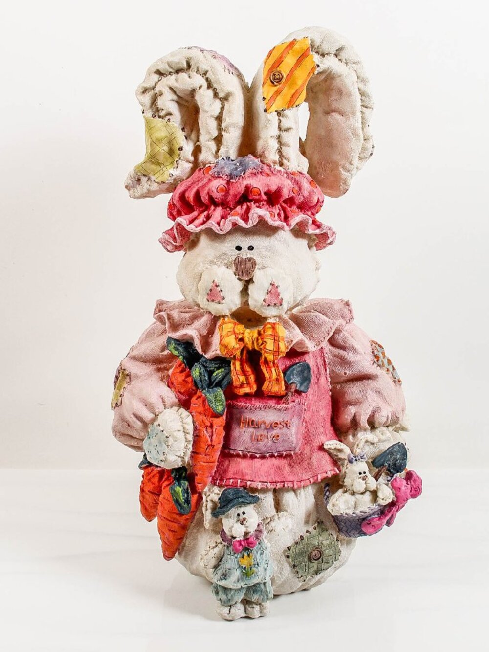 Whimsical Patchwork Bunny Rabbit Figurine Pink Carrot Garden Decor